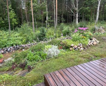 terassilta näkyy kukkapenkit ja metsää
